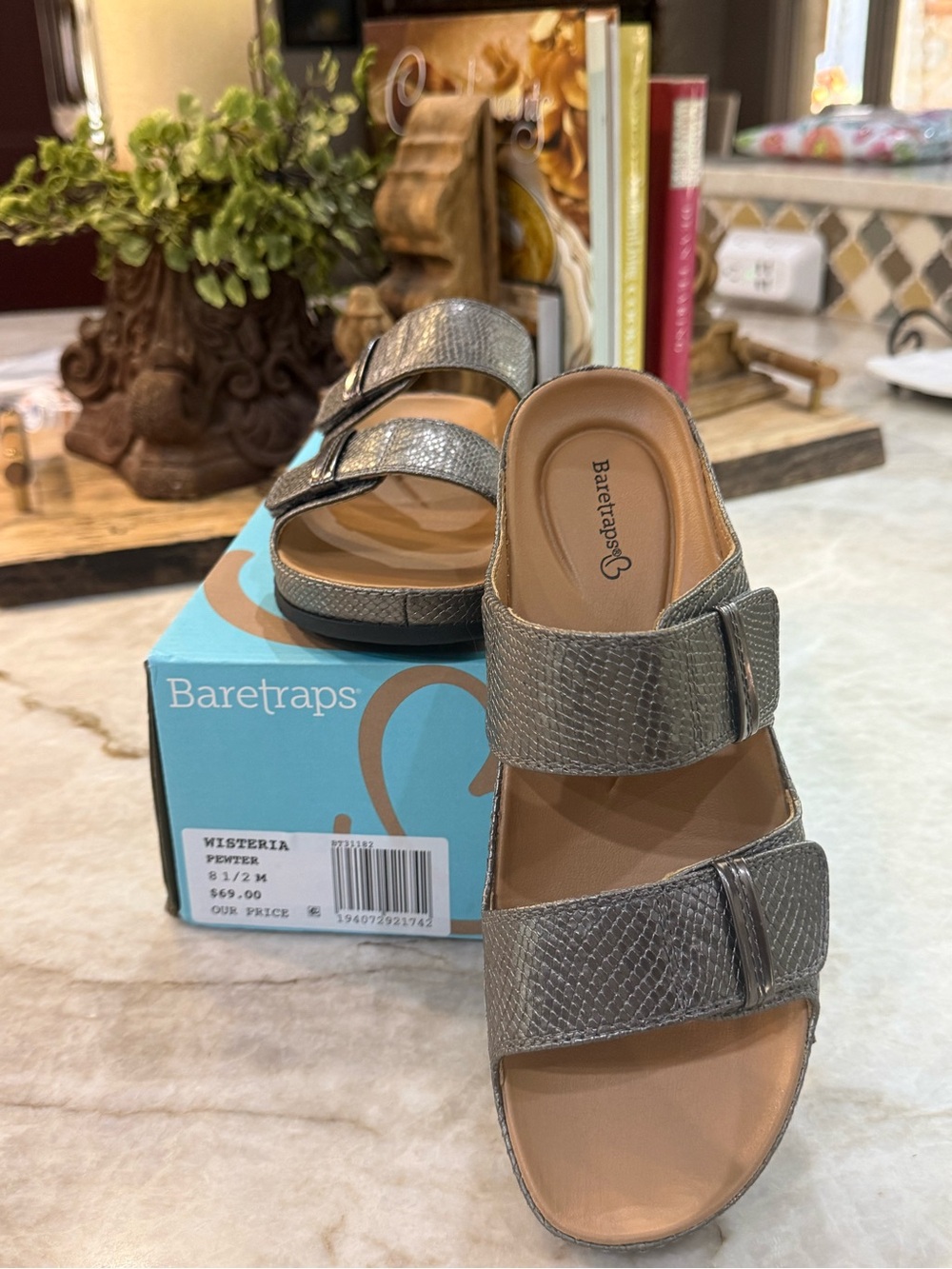 BareTraps Metallic Gray Two-Strap Slide Sandals